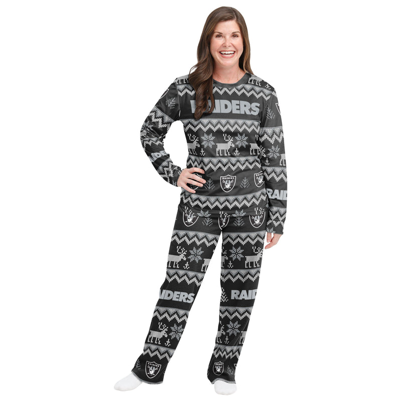 Las Vegas Raiders Ugly Christmas Raglan Pajamas Set - Banantees