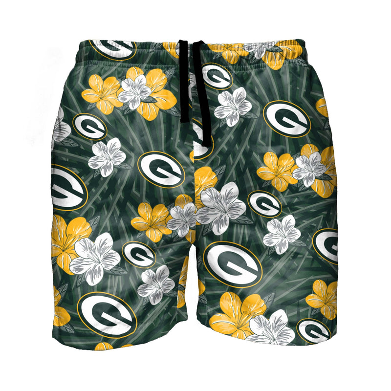 FOCO Green Bay Packers NFL Mens Hibiscus Slim Fit 5.5' Swimming Trunks