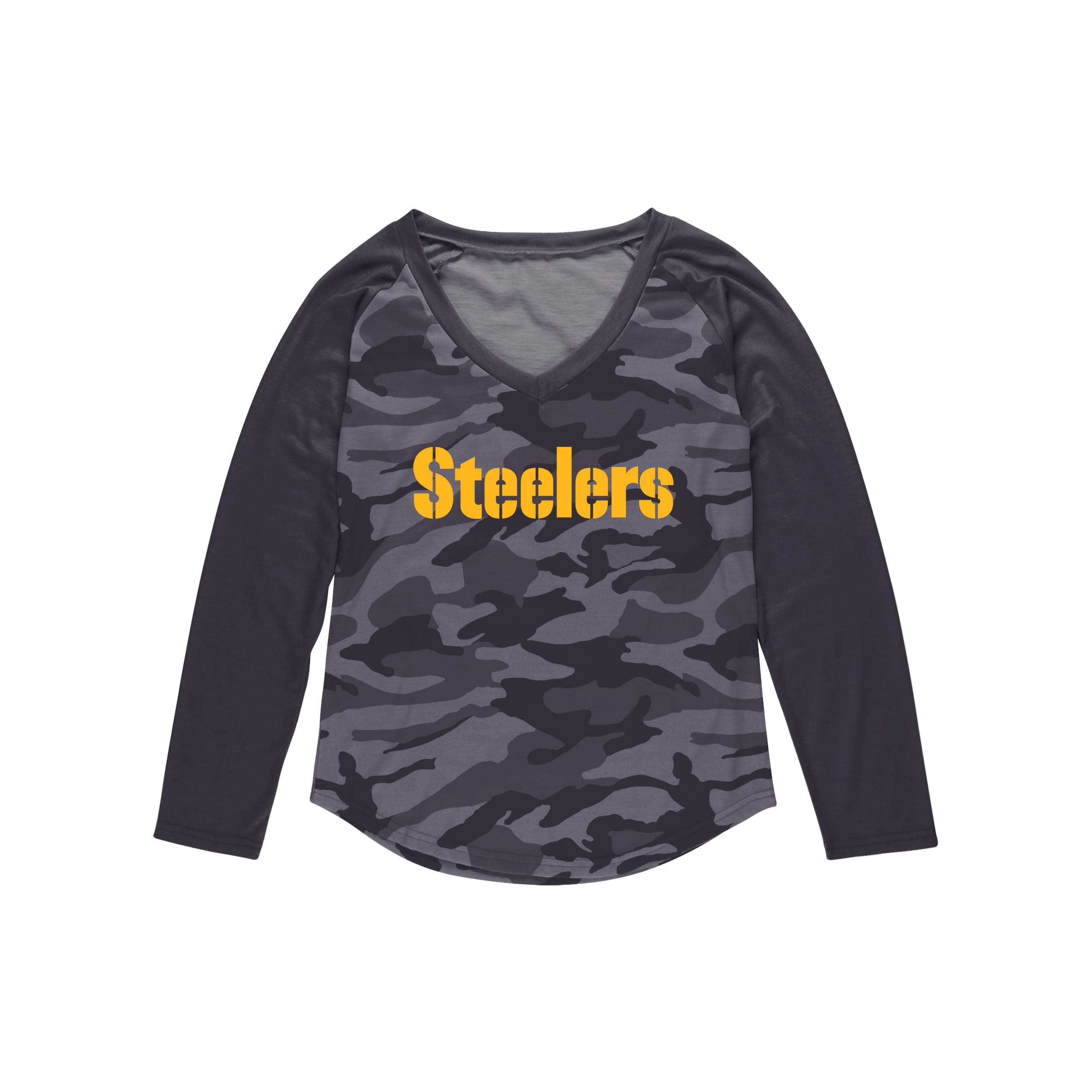FOCO Pittsburgh Steelers NFL Womens Wordmark Tonal Camo Raglan T-Shirt