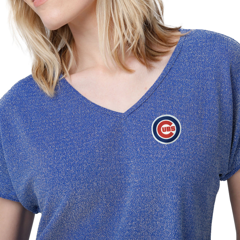 Chicago Cubs MLB Womens Game Time Glitter V-Neck T-Shirt
