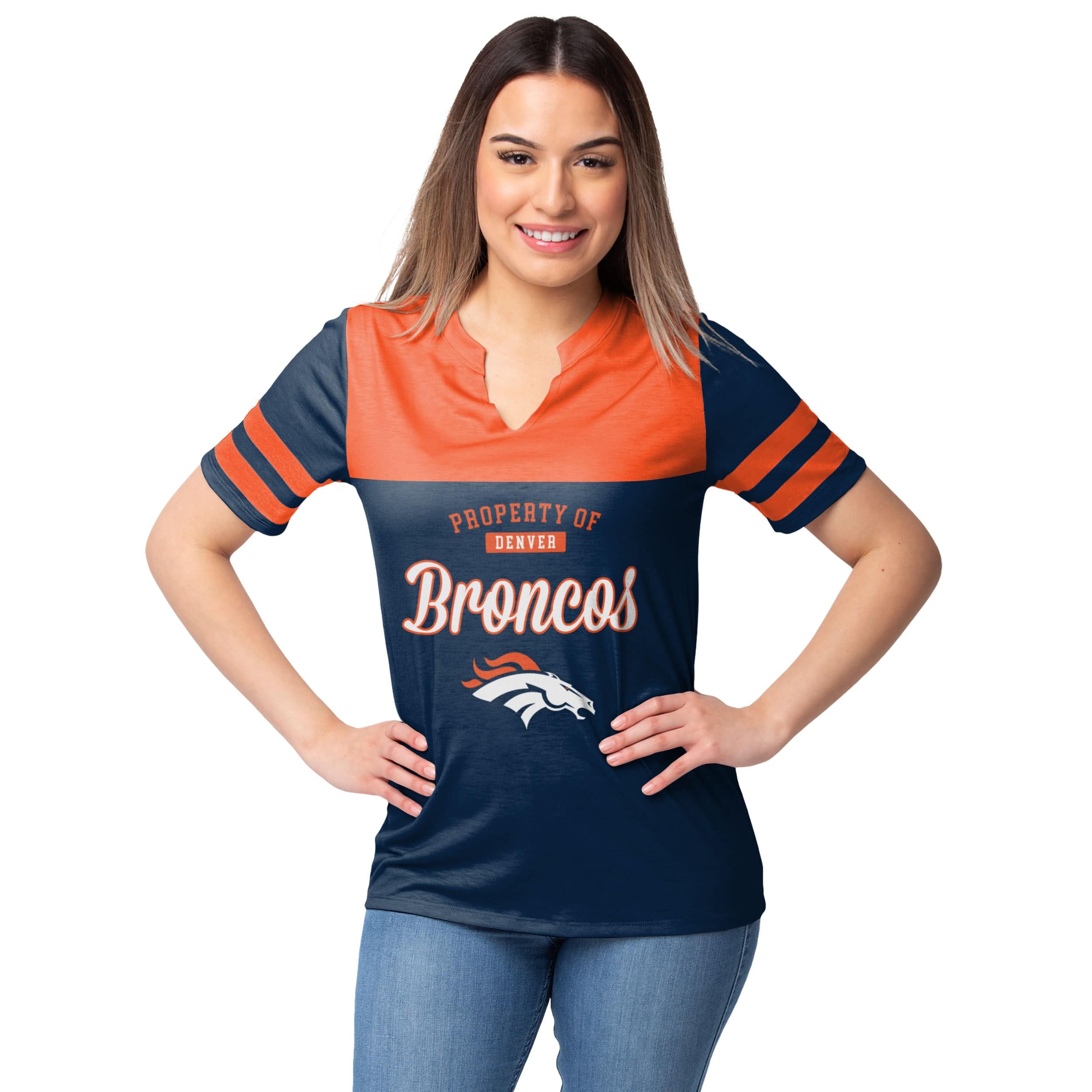 Denver Broncos NFL Womens Team Stripe Property of V-Neck T-Shirt